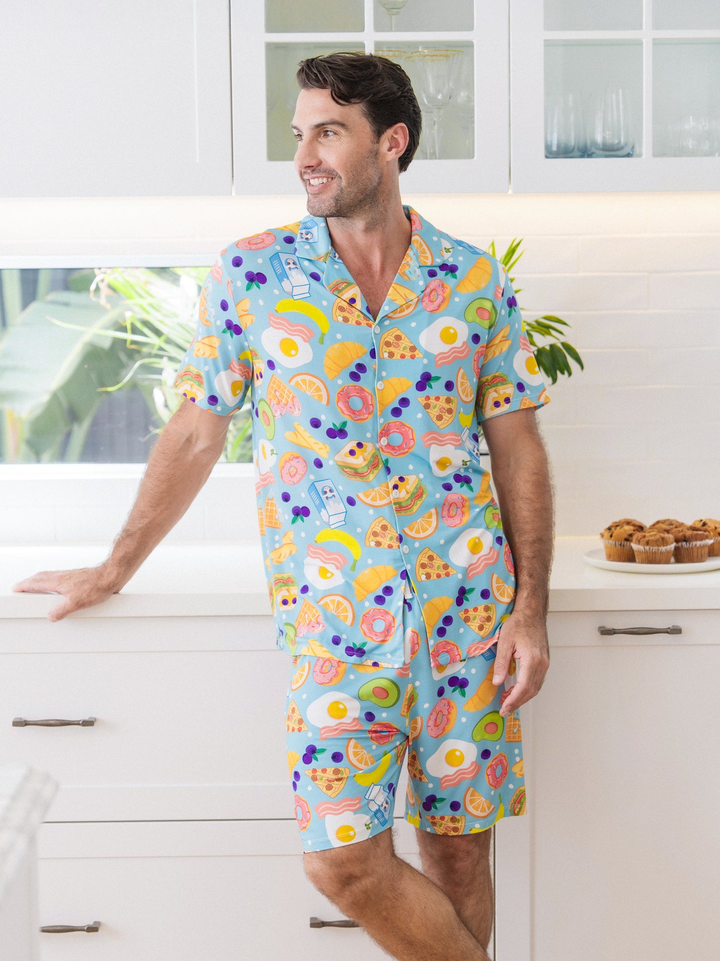 Family Matching Bamboo Pajamas Soft Bamboo Viscose PJs for Men Women Kids Toddler, Fun Food & Fruit Print Short-sleeve Sleepwear Blue