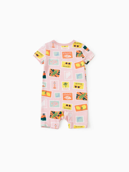 Bamboo Family Pajamas Vacation Theme Print Short-sleeve Matching Pajama set (Snug-Fitting for Children) Color block