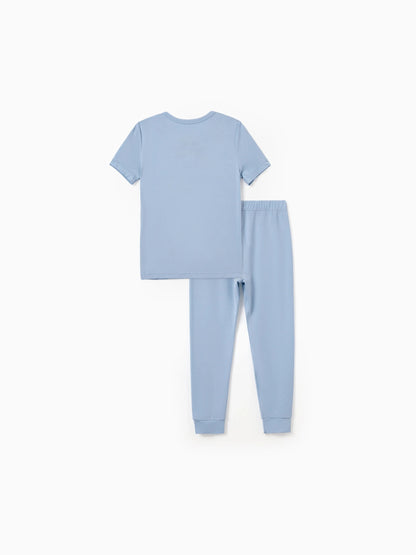 Family Matching Bamboo Pajamas Soft Bamboo Viscose PJs for Men Women Kids Toddler Baby, Classic Blue Short-sleeve Sleepwear with Button-Down Shirt and Pants Blue grey