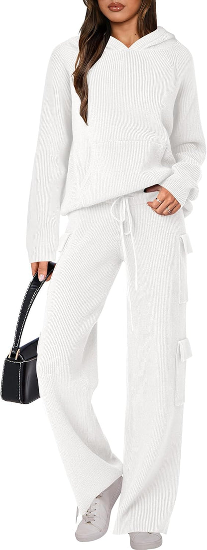 🎄Christmas Clearance 🔥 Women’s Two Piece Outfits Casual Knit Hooded Sweater Straight Leg Pants Set
