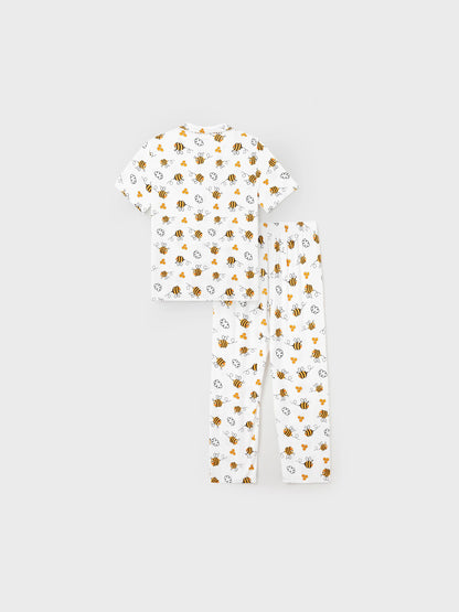 Family Matching Bamboo Pajamas Soft Bamboo Viscose PJs for Men Women Kids Toddler, Cute Bee Print Sleepwear with Short Sleeve Top and Long Pants White