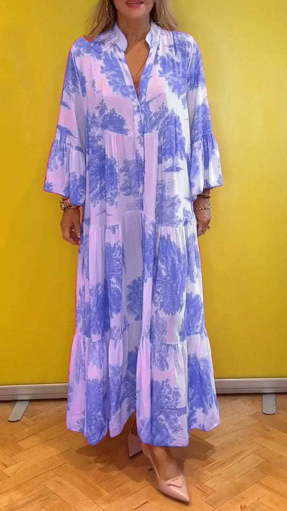 Women's summer dress with V-neck and forest pattern Maxi dress