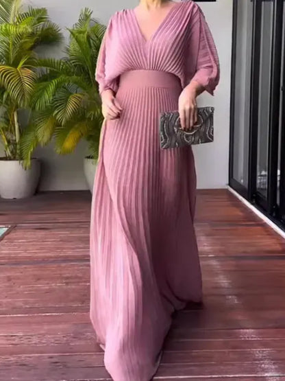 NEW🔥 V Neck Chiffon Back Tie Zipper Bat Sleeve Dress- Tax Free