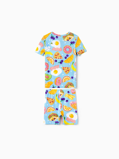 Family Matching Bamboo Pajamas Soft Bamboo Viscose PJs for Men Women Kids Toddler, Fun Food & Fruit Print Short-sleeve Sleepwear Blue