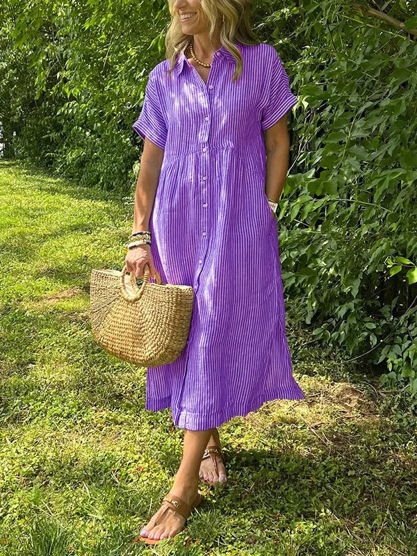 NEW🔥 Striped Lapel Button Down Shirt Dress