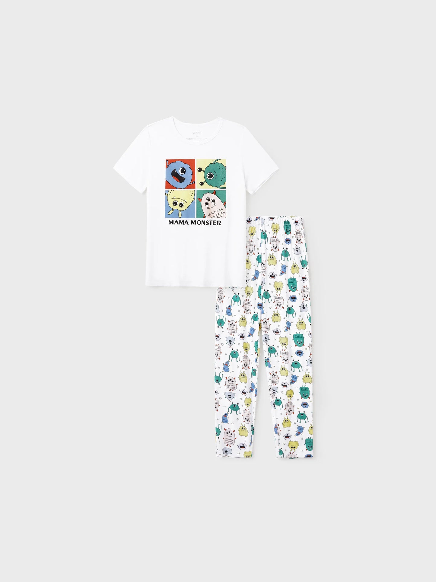 Bamboo Family Pajamas Cute Little Monster Print Short-sleeve Matching Pajama Set ( Snug-Fitting for Children ) White