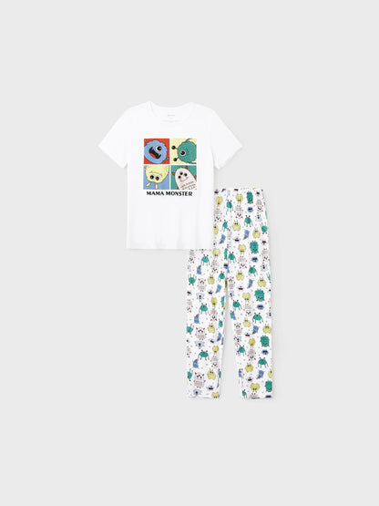 Bamboo Family Pajamas Cute Little Monster Print Short-sleeve Matching Pajama Set ( Snug-Fitting for Children ) White