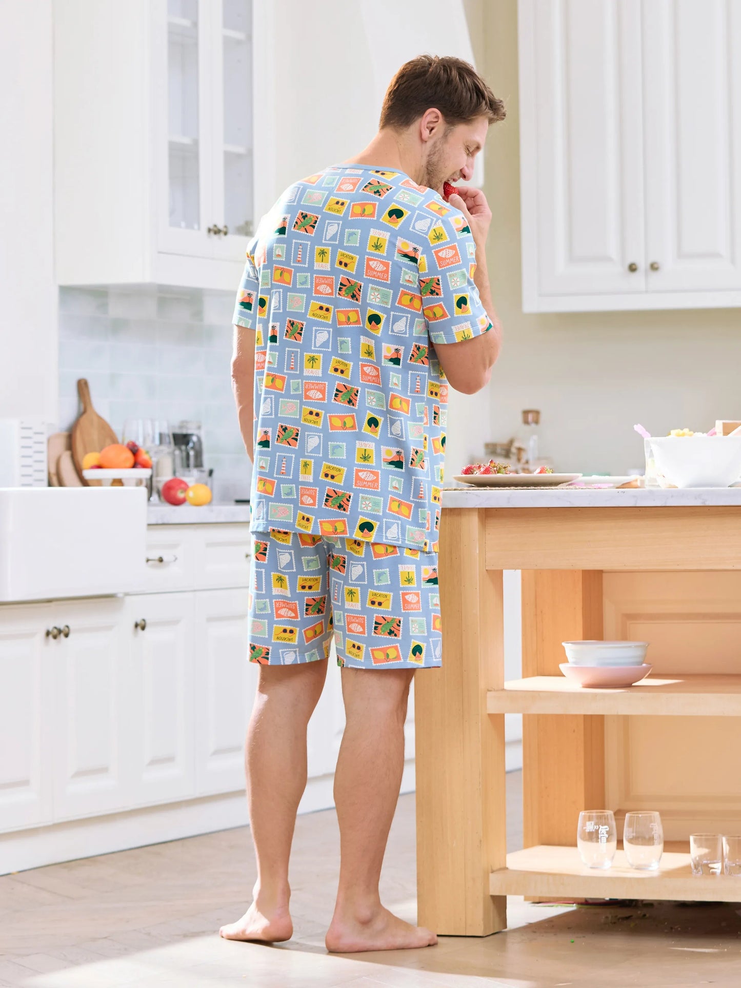 Bamboo Family Pajamas Vacation Theme Print Short-sleeve Matching Pajama set (Snug-Fitting for Children) Color block