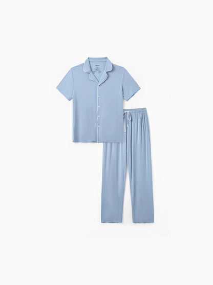 Family Matching Bamboo Pajamas Soft Bamboo Viscose PJs for Men Women Kids Toddler Baby, Classic Blue Short-sleeve Sleepwear with Button-Down Shirt and Pants Blue grey