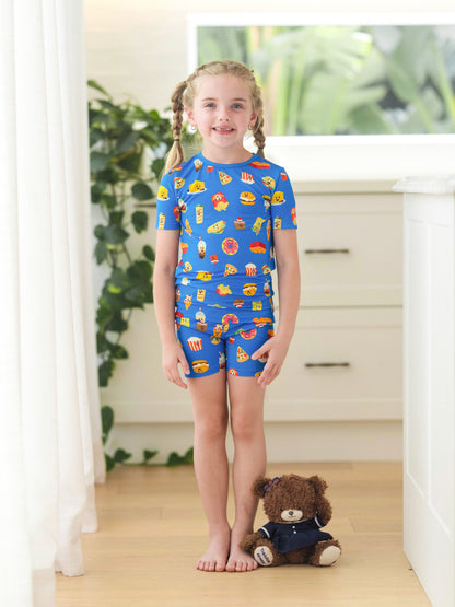 Family Matching Bamboo Pajamas Buttery Soft Bamboo PJs for Men Women Kids Toddler, Cute Burger & Fries Print Short Sleeve Sleepwear (Snug-Fitting for Children) Royal Blue