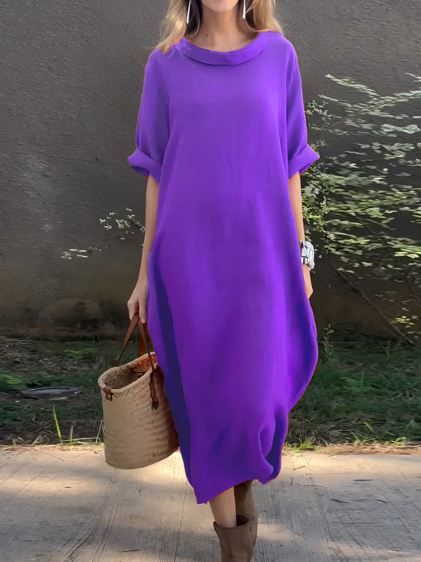 Women's Casual Solid Color Cotton and Linen Dress