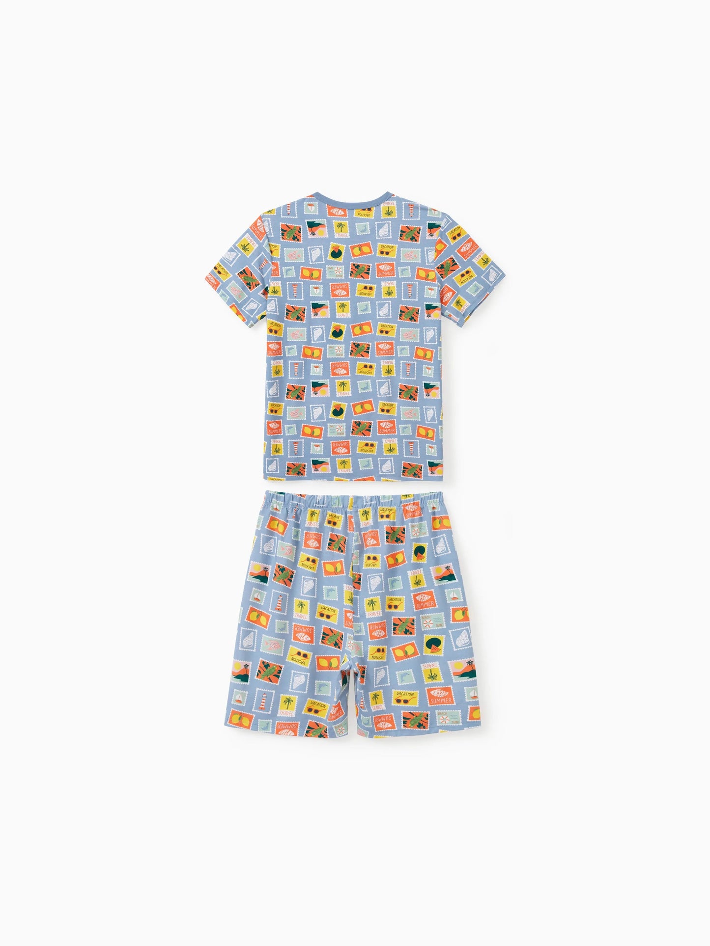 Bamboo Family Pajamas Vacation Theme Print Short-sleeve Matching Pajama set (Snug-Fitting for Children) Color block