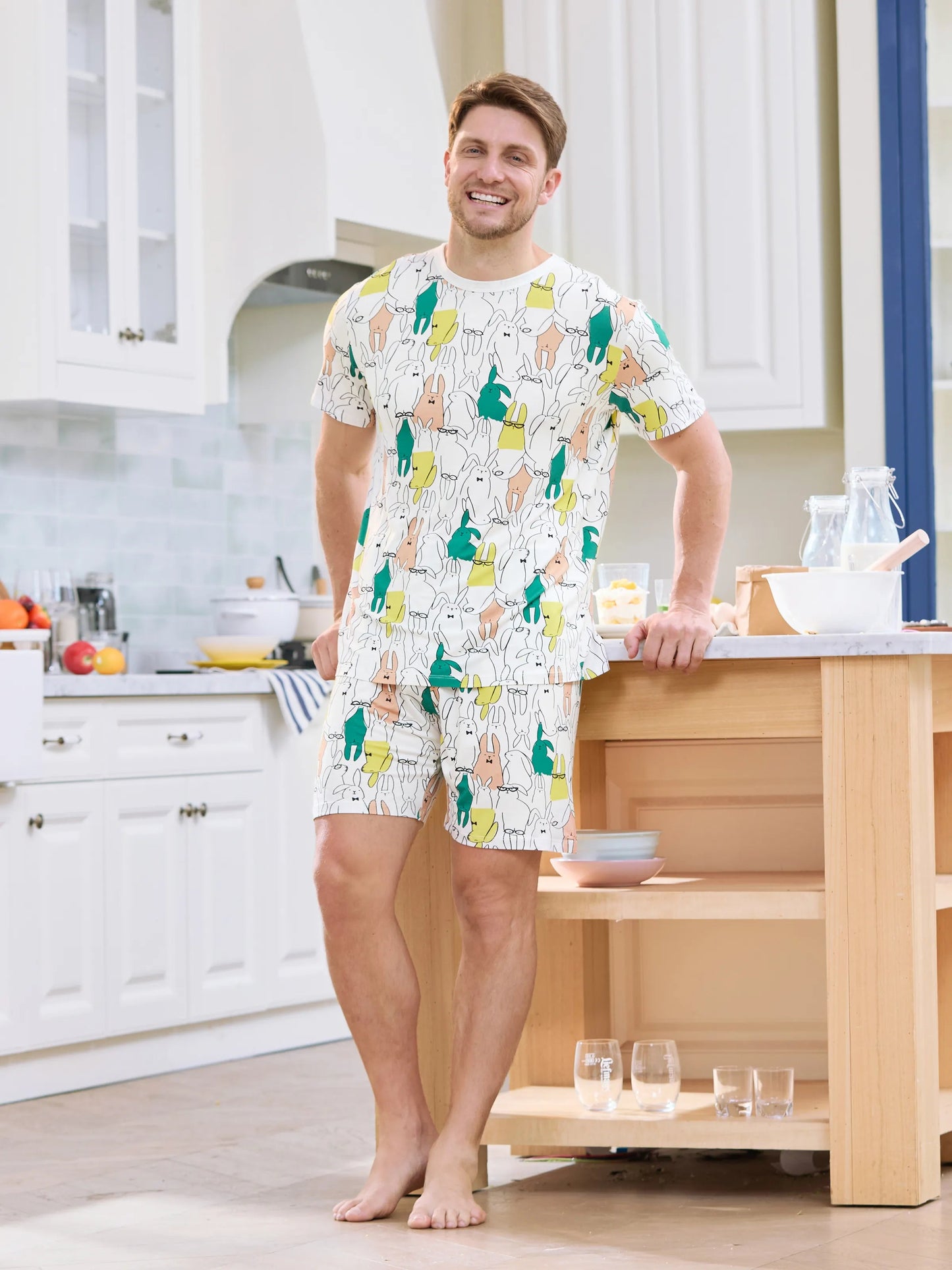 Bamboo Family Pajamas Rabbit Print Short-sleeve Matching Pajama Set (Snug-Fitting for Children) White