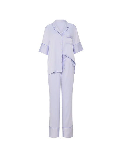 Signature Satin Short-Sleeve Long Pajama Set  Icy Lavender