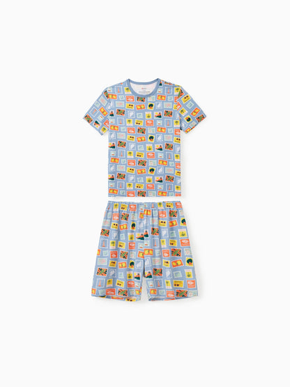 Bamboo Family Pajamas Vacation Theme Print Short-sleeve Matching Pajama set (Snug-Fitting for Children) Color block