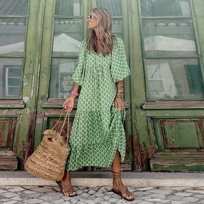 Puffy Sleeve Floral Pattern Elegant Boho Dress