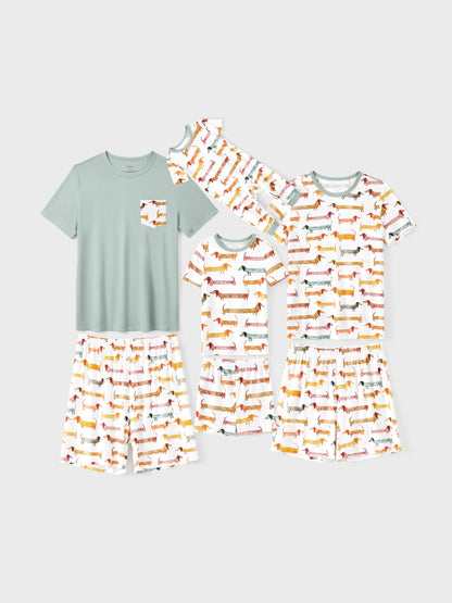 Bamboo Family Pajamas Cute Doggy Patterned Short-sleeve Matching Pajamas Set ( Snug-Fitting for Children ) Multi-color