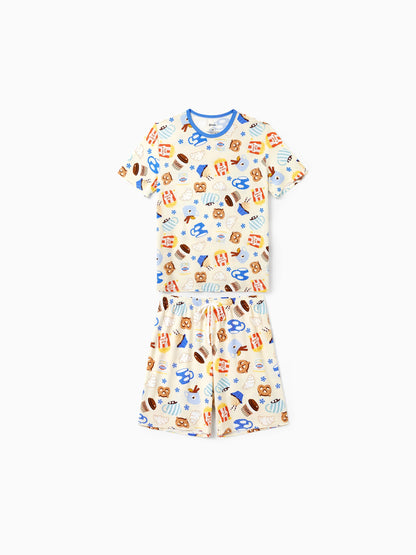 Family Matching Bamboo Pajamas Buttery Soft Bamboo Viscose PJs for Men Women Kids Toddler Baby, Cozy Dessert Print Short-sleeve Sleepwear Blue
