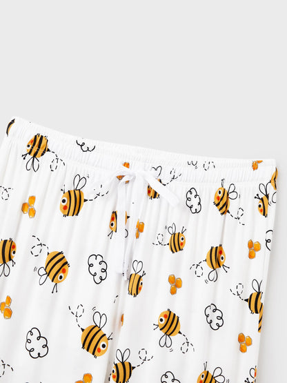 Family Matching Bamboo Pajamas Soft Bamboo Viscose PJs for Men Women Kids Toddler, Cute Bee Print Sleepwear with Short Sleeve Top and Long Pants White