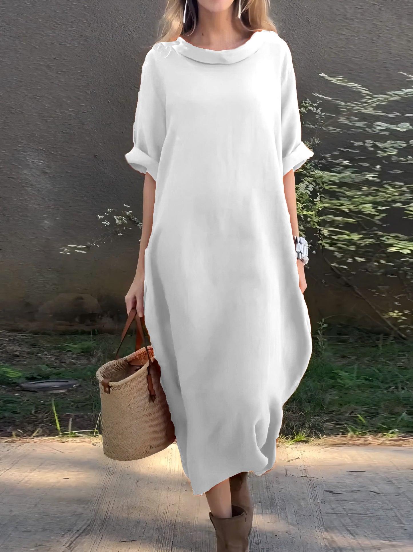 Women's Casual Solid Color Cotton and Linen Dress