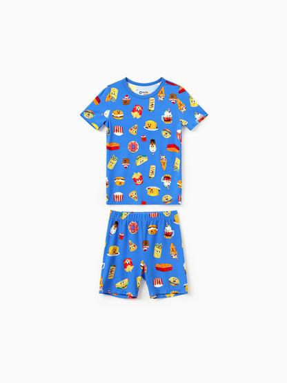 Family Matching Bamboo Pajamas Buttery Soft Bamboo PJs for Men Women Kids Toddler, Cute Burger & Fries Print Short Sleeve Sleepwear (Snug-Fitting for Children) Royal Blue