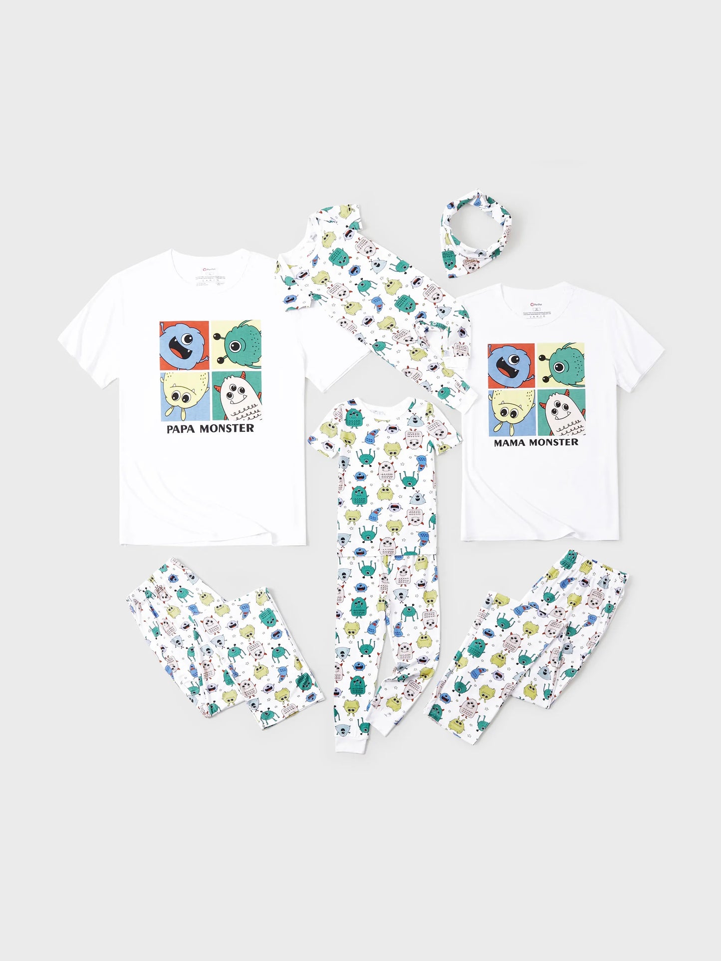 Bamboo Family Pajamas Cute Little Monster Print Short-sleeve Matching Pajama Set ( Snug-Fitting for Children ) White