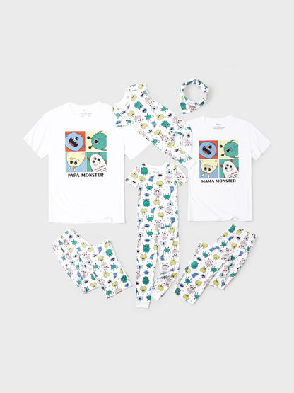 Bamboo Family Pajamas Cute Little Monster Print Short-sleeve Matching Pajama Set ( Snug-Fitting for Children ) White