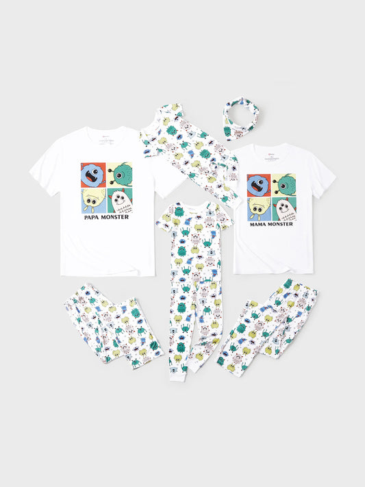 Bamboo Family Pajamas Cute Little Monster Print Short-sleeve Matching Pajama Set ( Snug-Fitting for Children ) White