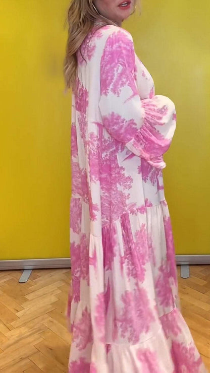 Women's summer dress with V-neck and forest pattern Maxi dress