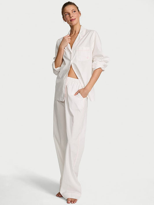 Heritage Cotton Long Pajama Set VS White with Pink Piping