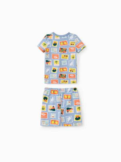 Bamboo Family Pajamas Vacation Theme Print Short-sleeve Matching Pajama set (Snug-Fitting for Children) Color block