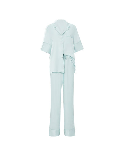Signature Satin Short-Sleeve Long Pajama Set  Yacht Blue