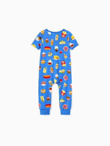 Family Matching Bamboo Pajamas Buttery Soft Bamboo PJs for Men Women Kids Toddler, Cute Burger & Fries Print Short Sleeve Sleepwear (Snug-Fitting for Children) Royal Blue