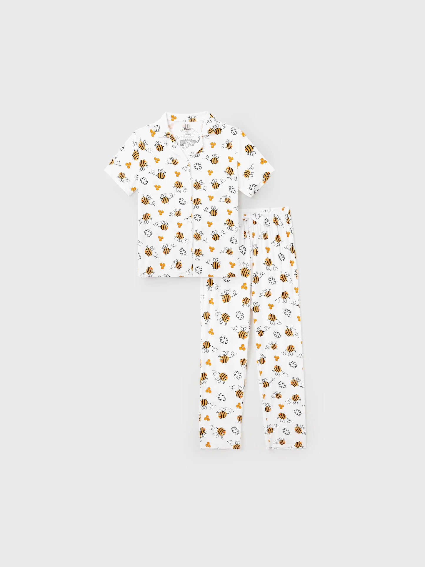 Family Matching Bamboo Pajamas Soft Bamboo Viscose PJs for Men Women Kids Toddler, Cute Bee Print Sleepwear with Short Sleeve Top and Long Pants White