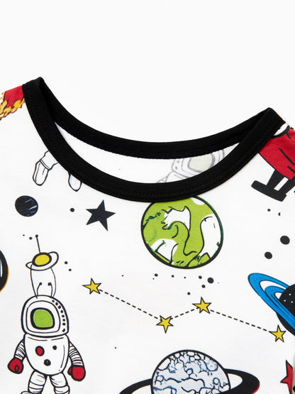 Bamboo Family Pajamas Space Theme Print Short-sleeve Matching Pajama set ( Snug-Fitting for Children ) White