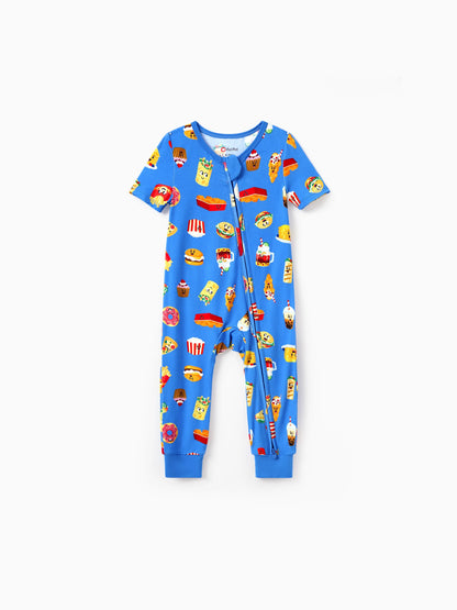 Family Matching Bamboo Pajamas Buttery Soft Bamboo PJs for Men Women Kids Toddler, Cute Burger & Fries Print Short Sleeve Sleepwear (Snug-Fitting for Children) Royal Blue