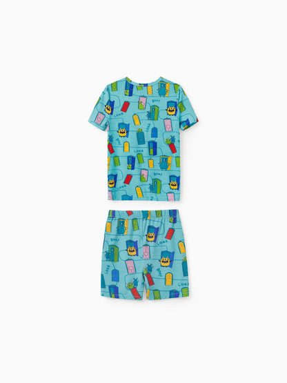 Bamboo Family Pajamas Cartoon Print Short-sleeve Matching Pajama set ( Snug-Fitting for Children ) Green