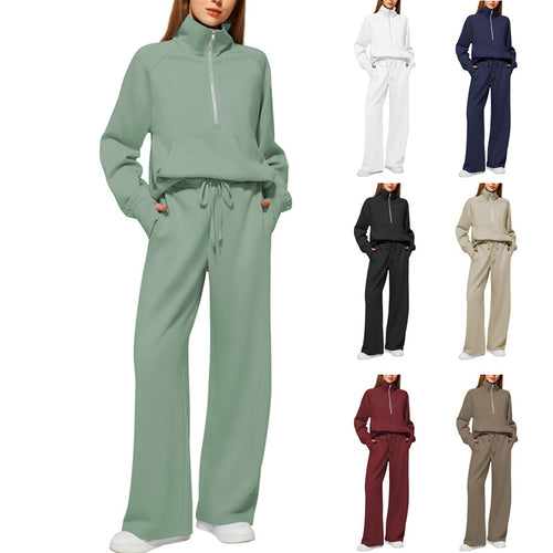 CLEARANCE SALE🔥 Women's Solid Color Cotton Half Zip Two-Piece Set
