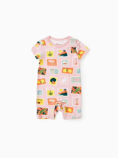 Bamboo Family Pajamas Vacation Theme Print Short-sleeve Matching Pajama set (Snug-Fitting for Children) Color block