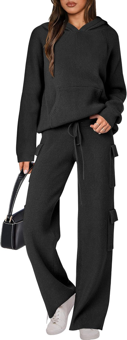 🎄Christmas Clearance 🔥 Women’s Two Piece Outfits Casual Knit Hooded Sweater Straight Leg Pants Set