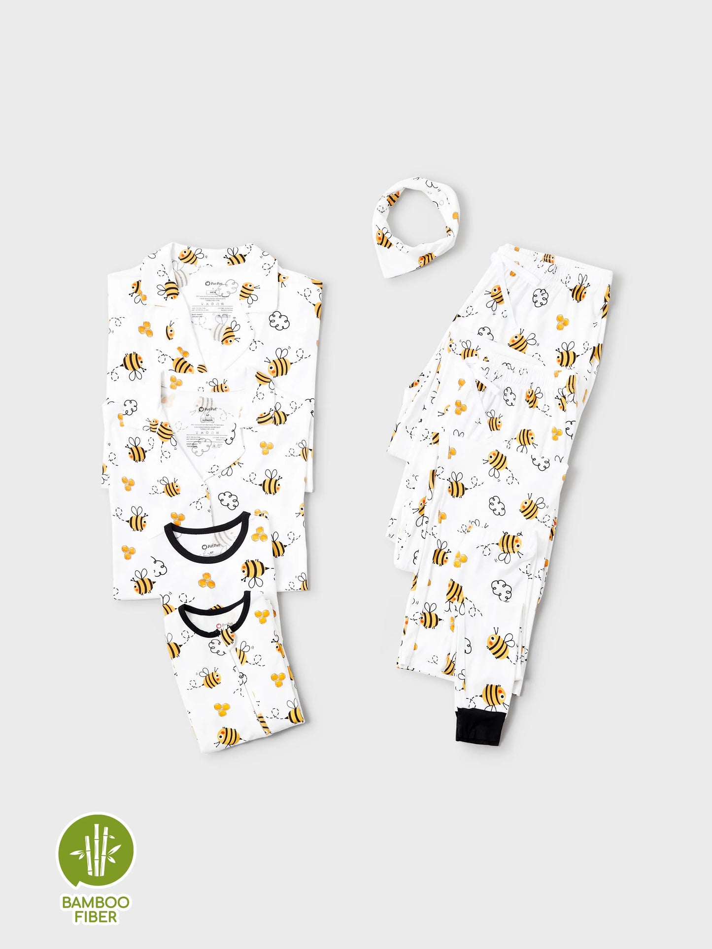 Family Matching Bamboo Pajamas Soft Bamboo Viscose PJs for Men Women Kids Toddler, Cute Bee Print Sleepwear with Short Sleeve Top and Long Pants White
