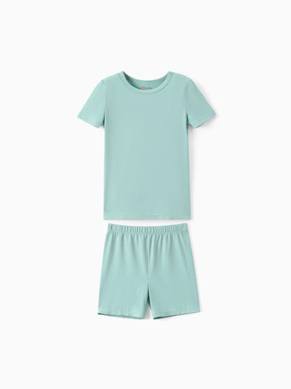 Bamboo Family Pajamas Solid Color Green Short Sleeve Matching Pajama Set ( Snug-Fitting for Children ) Green