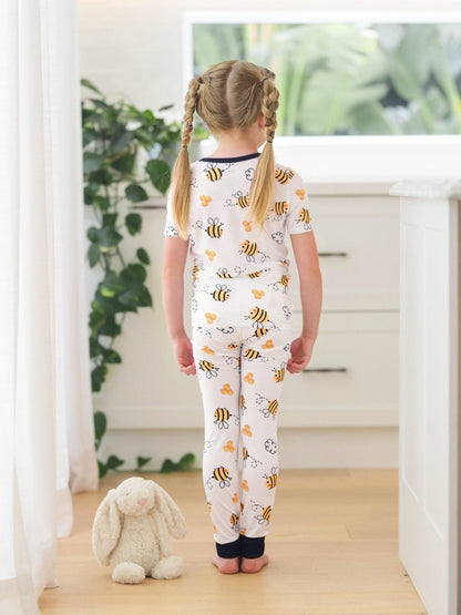 Family Matching Bamboo Pajamas Soft Bamboo Viscose PJs for Men Women Kids Toddler, Cute Bee Print Sleepwear with Short Sleeve Top and Long Pants White
