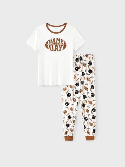 Bamboo Family Pajamas Football and Letter Print Short-sleeve Matching Pajama Set ( Snug-Fitting for Children ) Khaki