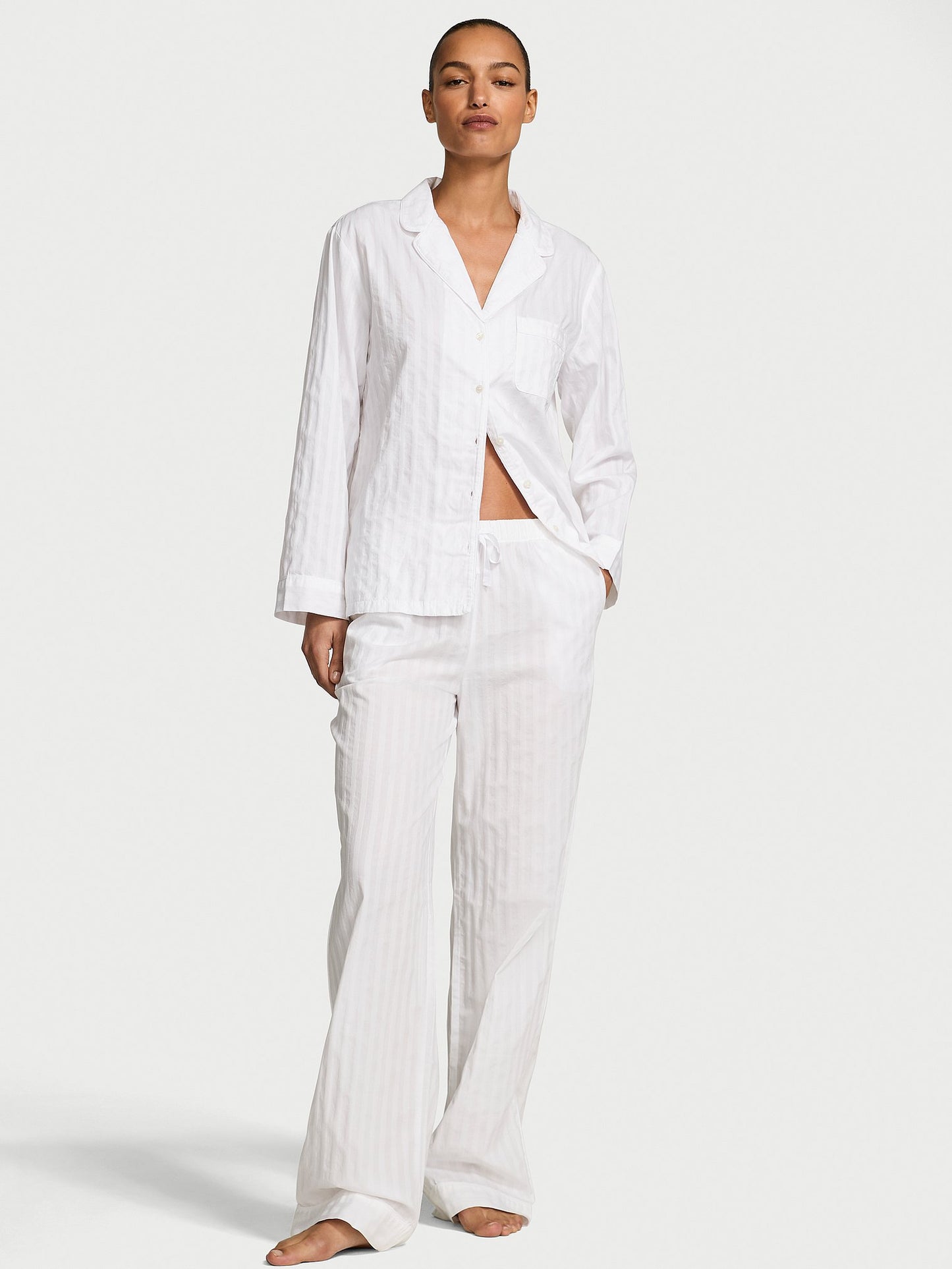 Heritage Cotton Shadow Stripe Long Pajama Set   Vs White Shadow Stripe